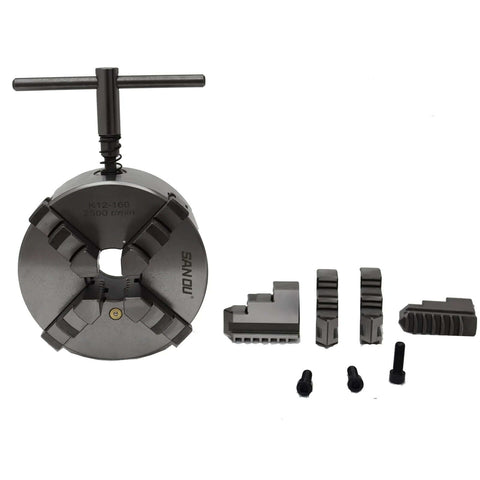 SANOU 4-jaw lathe chuck, 160mm, black metal with interchangeable jaws and mounting screws