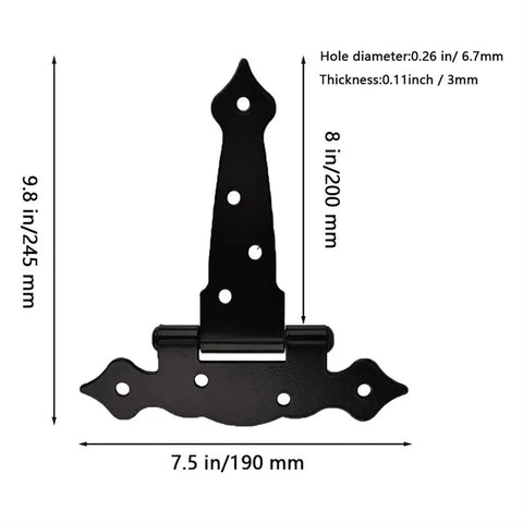 Heavy Duty Iron T Strap Hinges For Barn Doors And Wood Sheds Built Different Includes Mounting Hardware with measurement details.