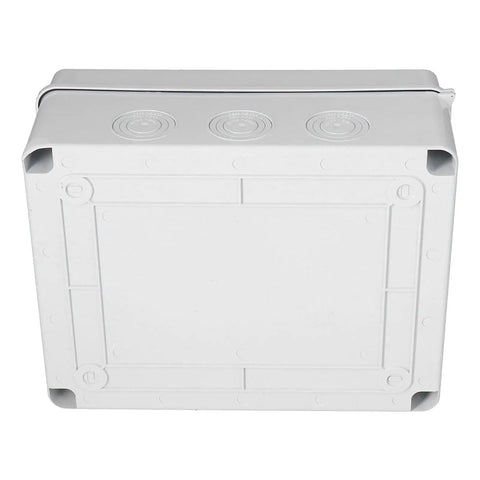 Bottom view of IP65 Waterproof Distribution Box with transparent cover, showing tough anticorrosion ABS plastic enclosure for junctions.