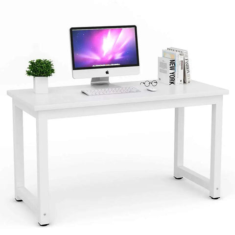 Modern 47 Inch White Computer Desk For Home Office With Wide 24 Inch Desktop And Stable Metal Legs With Adjustable Floor Pads Built For Your Setup And Great For Computer Monitor Printer Writing And Study
