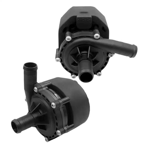 Direct Fit Electronic Water Pump For Tesla Model S 85D AWD EV Cooling System, durable black plastic, top view and side view.