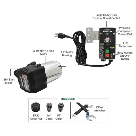 Badass 3 1/4 Horsepower Router Motor With External Variable Speed Control showing motor, speed control, and accessories.