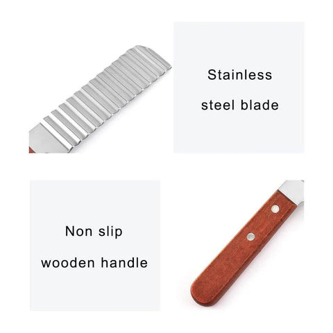 Close-up of Crinkle Cutter Knife With Wavy Blade For Veggies And Potatoes Handheld Chopper Stainless Steel 2CR13 With Wooden Handle