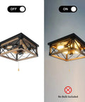 Farmhouse Flush Mount Cage Light With Adjustable Pull Chain, Square Wood Rustic Ceiling Fixture In Black Metal On and Off