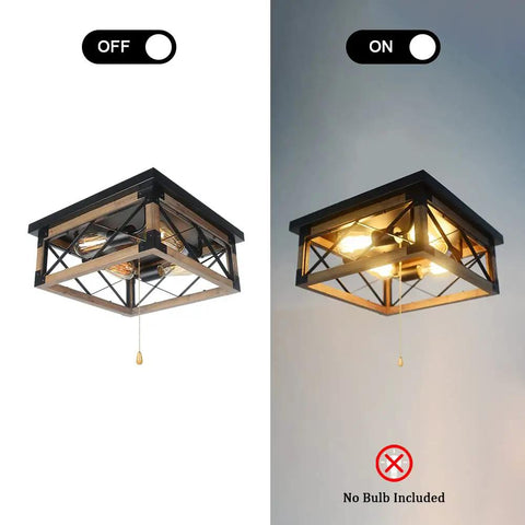 Farmhouse Flush Mount Cage Light With Adjustable Pull Chain, Square Wood Rustic Ceiling Fixture In Black Metal On and Off
