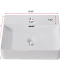 Wall Mount Bathroom Sink, Small White Rectangular Ceramic Vessel Sink For Modern Baths, 20 By 17 Inch front view with dimensions