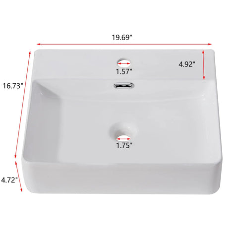 Wall Mount Bathroom Sink, Small White Rectangular Ceramic Vessel Sink For Modern Baths, 20 By 17 Inch front view with dimensions