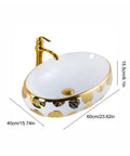 Bathroom Sink Hotel Bathroom Wash Basin Oval Above Table Basin with gold leaf floral design, 60cm x 40cm size, elegant vessel.