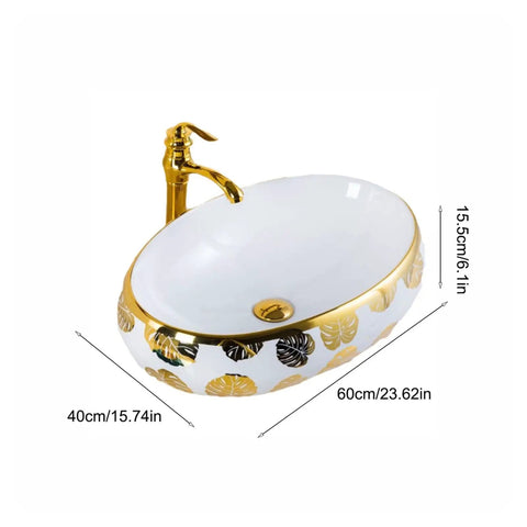 Bathroom Sink Hotel Bathroom Wash Basin Oval Above Table Basin with gold leaf floral design, 60cm x 40cm size, elegant vessel.