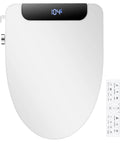 Premium Elongated Electric Bidet Toilet Seat featuring heated seat display and wireless remote control.