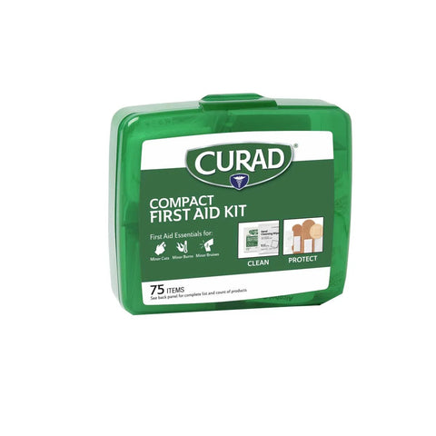 Curad Compact First Aid Kit, green, 75 items, front view.