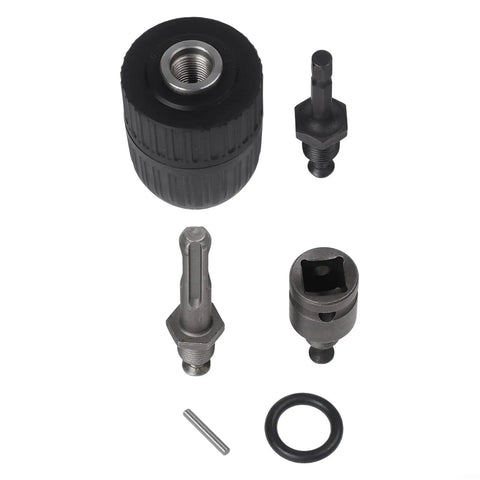 Heavy Duty Keyless Drill Chuck Set 2 To 13mm With SDS Plus Hex Shank Adapters For Hammer Drills And Wrench Conversion 5 In 1 Metal Working Tool Holding System, black metal parts