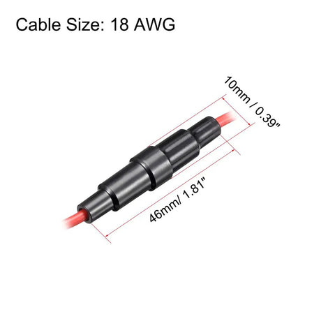 Premium Grade 5 Pack Inline Screw Type Fuse Holders With Color Coded Red Wire And Top Shelf 5 Amp Fast Blow Glass Fuses showing 18 AWG dimensions.
