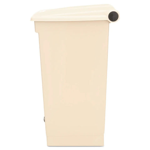 Side view of Fire Safe Step-On Receptacle, 18-Gallon Rectangular Beige Trash Can, Heavy-Duty Pedal, Odor-Control Lid That Overlaps.