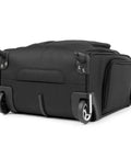 Softside Underseat Carry On Bag With Wheels Lightweight 15-Inch Luggage For Travel Compact Upright Two-Wheel Roll On 26 L Capacity Durable Eco Friendly Black bottom view showing wheels