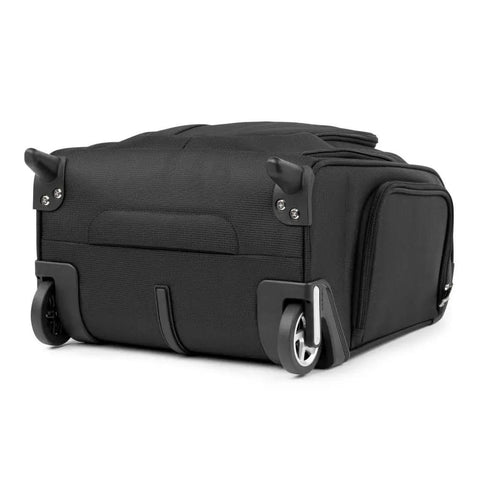 Softside Underseat Carry On Bag With Wheels Lightweight 15-Inch Luggage For Travel Compact Upright Two-Wheel Roll On 26 L Capacity Durable Eco Friendly Black bottom view showing wheels