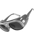 Boss Grade Welding Protective Glasses With Flexible Splash Visor And Full Spectrum Dust Control Black Gray Optical Lens shown at an angle.