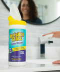 Invisible Glass Glass Wipes bottle with yellow cap and teal label, 40 large wipes for glass surfaces