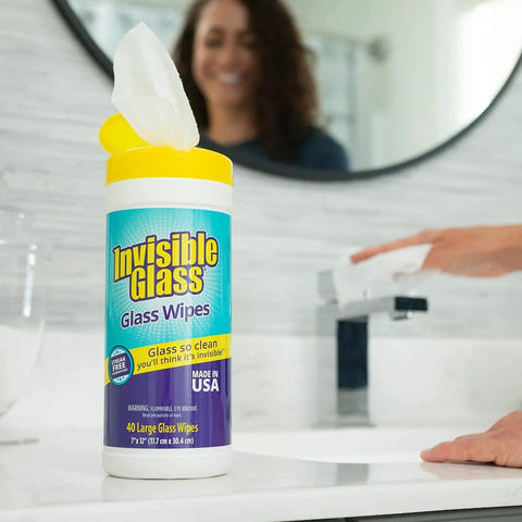 Invisible Glass Glass Wipes bottle with yellow cap and teal label, 40 large wipes for glass surfaces