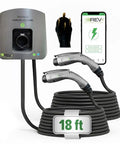 Top Shelf Dual Port Level 2 EV Charger 50 Amp Home Charging Station With 18 Ft Heavy Duty Cord Plug And Play Garage Ready Setup For Every Electric Car And Hybrid with charging cables and smartphone.