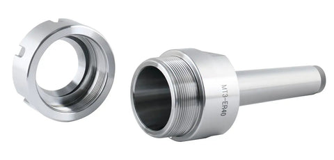 MT3 Shank ER40 Chuck With Fifteen Piece Collet Kit for CNC Milling Machines, showing precision threaded components.