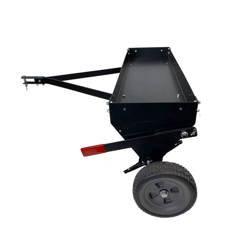 Tow Behind Plug Aerator With Folding Easy Store Tow Bar, 42 Inch Working Width, black frame, visible side view, large wheels