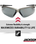 Heavy Duty Safety Glasses With Hard Coated Anti Scratch Polarized Lenses For Crisp Vision And Slip On Fit Ansi Z87 Certified Eye Protection That Handles The Daily Grind Pack Of 12 For Work Sites featuring smoke lenses and flexible frame.