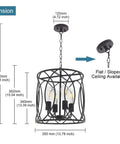 Dimensions of Black Rustic Chandelier Pendant Light Fixture For Dining Room With Four Cage Lights, adjustable ceiling rods shown