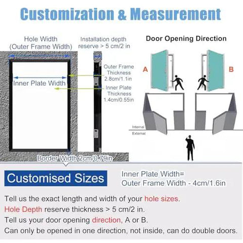 Customization and measurement guide for Rock Solid Heavy Duty Magnetic Access Door Panel, showing hole sizes and door opening directions.