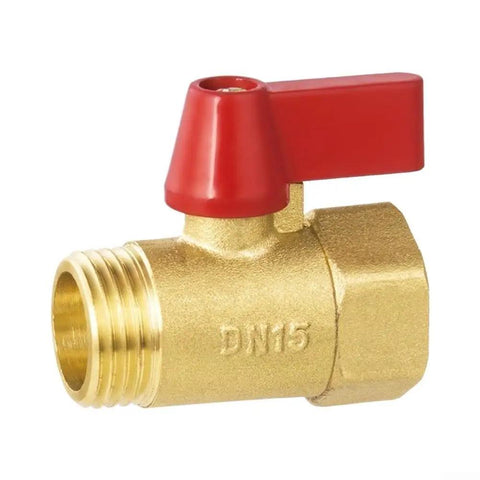 Solid Brass 1/2 Inch Full Port Ball Valve For No Sweat Water Control And Heavy Duty Plumbing Or Garden Hose Lines With Rust Proof Build And Smooth Ergonomic Red Handle Operation. Close-up view showing valve design and red handle.