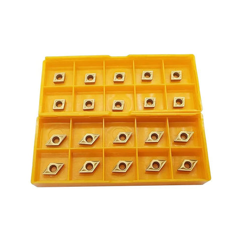 Front view of yellow plastic organizer holding 20 diamond-shaped carbide turning inserts with center holes.