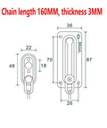 Diagram of Four Piece Door Chain Lock Set With Six Screws Premium Stainless Steel Chain Locks, showing dimensions, 160mm chain length.
