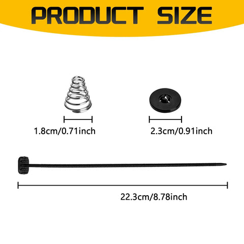 Product size image showing components: heavy duty electric cooler tie down kit parts including clamps and rods for radiator fans.