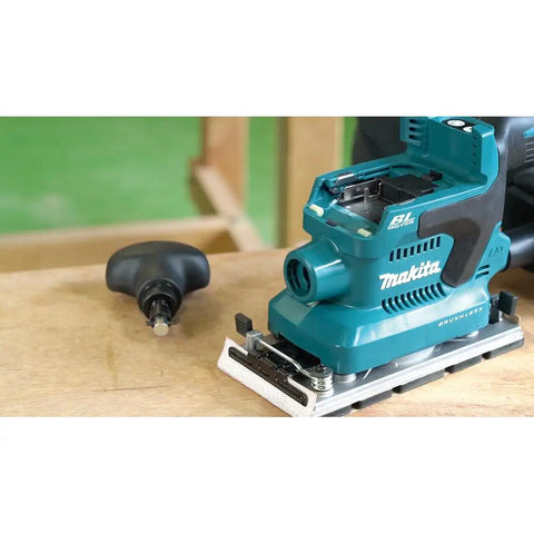 Badass Brushless Orbital Finishing Sander With Push Button Three Stage Electronic Speed And High Orbit Rate For Slick Wood Smoothing And Fast Prep Work Tool Only on wooden surface with a rounded base.