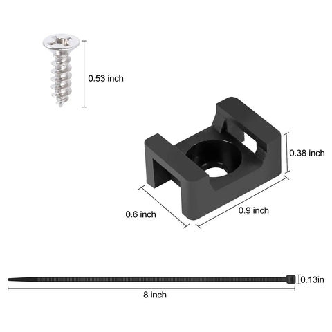 100 Pcs Cable Zip Tie Saddle Mounts With 8 Inch Ties Tapping Screws Wire Clips Organizer Holders Clamps Black dimensions