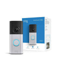 Badass Wired Doorbell Camera With 2K Video And Slick Nickel Silver Finish Featuring A Wide Angle Lens Six X Zoom For Crisp Detail And True Color Night Vision That Gonna Guard Your Front Porch No Cap For Real, displayed with packaging.