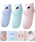Three Pack Kid Safe Safety Cabinet Locks with non-marking adhesive and bear shape, shown in blue, green, and pink colors