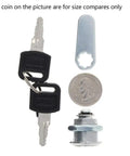 Rock Solid Cam Lock Kit For Drawers And Cabinets Includes Two Keys and installation tools with comparison coin for size.