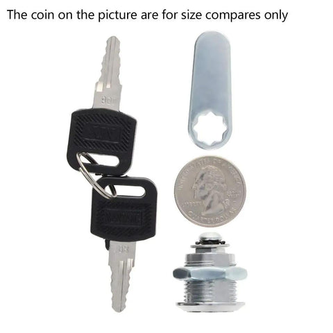Rock Solid Cam Lock Kit For Drawers And Cabinets Includes Two Keys and installation tools with comparison coin for size.