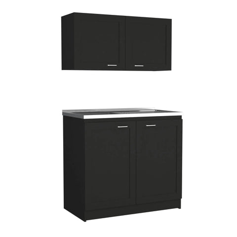 Clean Lines Two Piece Media Console Built From Tough Engineered Wood, Reliable Storage Cabinet For Your Sick Setup And Daily Grind In Sleek Matte Black Finish With Easy Assembly, showcasing a stylish black storage unit.