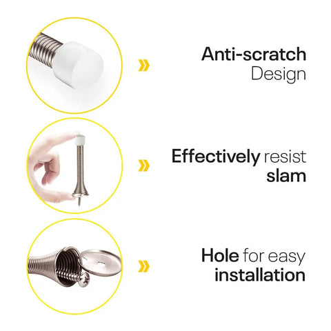 Illustration of Spring Door Stopper With Rubber Tip 3-1/4 Inch Pack Of 4 showing anti-scratch design, resistance to slamming, easy installation hole.