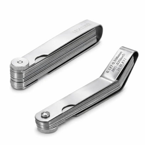 Pro Grade Stainless Steel Feeler Gauge Set With 32 Straight And 16 Angled Blades Dual Marked SAE And Metric folded view