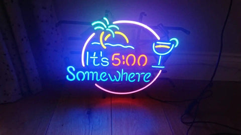 Its Five O Clock Somewhere Real Glass Neon Light Sign For Home Bar Pub Recreation Room And Game Room Wall Decor 17 By 14 Inch