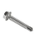 Built Tough 410 Stainless Steel Self Drilling Screws Featuring Hex Washer Head, Number 14 By One And One Quarter Inch, Fifty Pack, isolated on white.