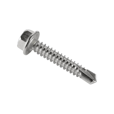 Built Tough 410 Stainless Steel Self Drilling Screws Featuring Hex Washer Head, Number 14 By One And One Quarter Inch, Fifty Pack, isolated on white.