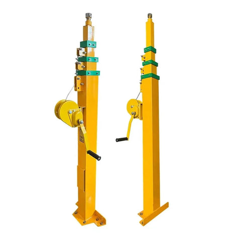 Workhorse Hydraulic Telescopic Wire Rope Mast 5 To 12 Meters with hand crank and electric drive, collapsible yellow aerial boom pole.