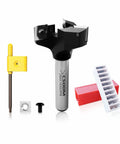 Pro Grade Heavy Duty CNC Spoilboard Surfacing Router Bit With Half Inch Shank And Two Inch Cutting Diameter Three Wing Coated Carbide Inserts Slab Flatting Planer Bit For Woodworking Includes Replacement Blades shown with accessories