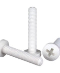 Heavy Gauge PP Plastic Screw Assortment Kit With M3 M4 M5 Metric Phillips Pan Fasteners Hex Nuts Washers 470 Piece showing white nylon screws.