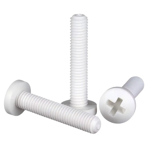Top Shelf M4x16 Polypropylene Phillips Pan Head Screw Kit With Solid Nuts And Washers Non Conductive Metric Fasteners showing three screws.