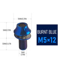 Beefy Titanium M5x12mm Hex Bolt in blue with measurements, ideal for MTB bike water bottle cage, corrosion resistant Grade 5 6Al4V